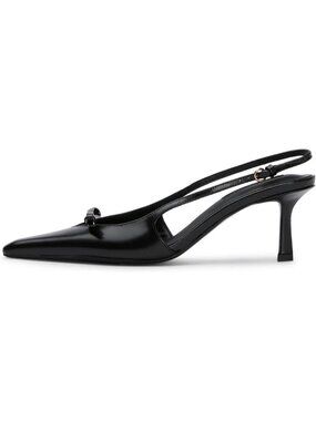Women's Black Slingback Kitten Heels Bow Ankle Strap Pointed Toe Shoes